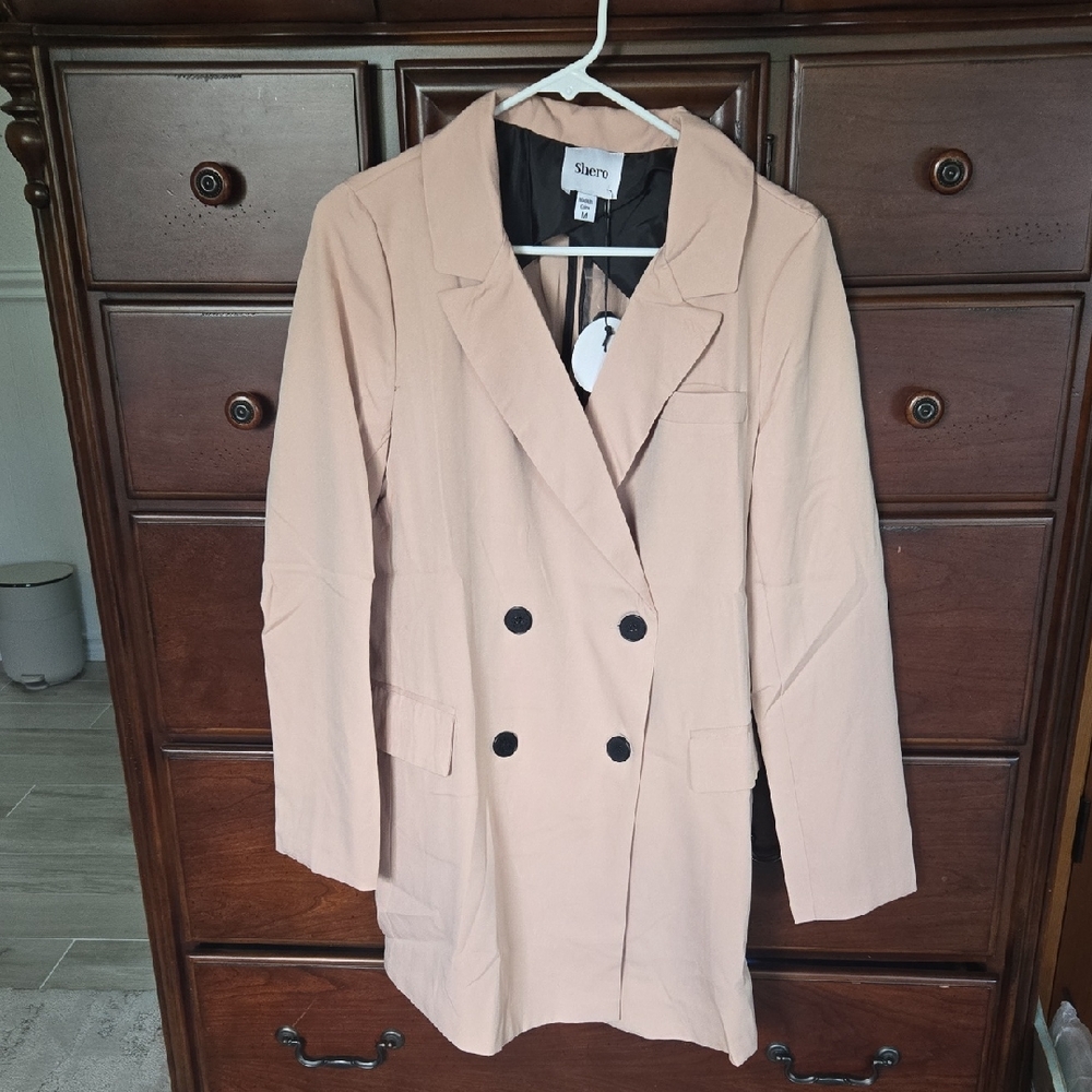 NWT, Shero, Tan/Dusty Rose Double-Breasted Women's Blazer, Sz. M